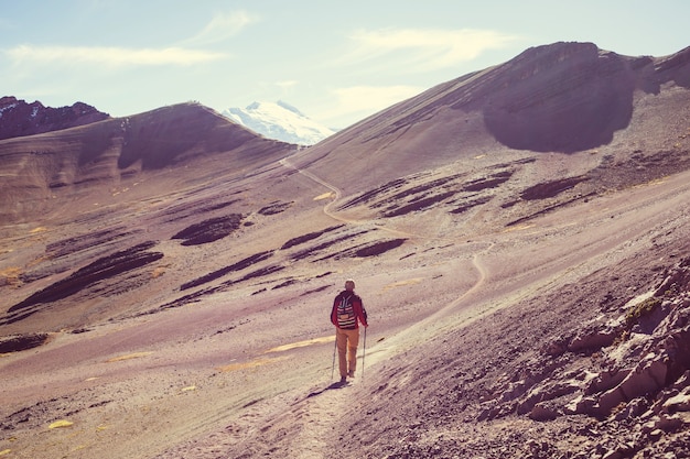 Hiking scene in Vinicunca, Cusco Region, Peru. Montana de Siete Colores,  Rainbow Mountain.