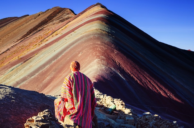 Hiking scene in Vinicunca, Cusco Region, Peru.