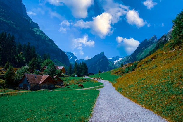 Hiking on the Seealpsee in the Alps