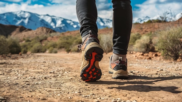 Hiking shoes in action on a mountain desert trail path