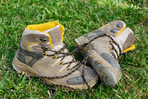 Hiking shoes in the grass