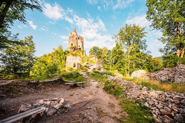 Hiking in slovakia mountains landscape tourist traveler mala\
fatra national park slovakia starhrad ruins castle near strecno\
castle