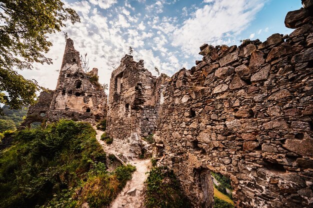 スロバキアの山の風景観光旅行者マラ Fatra 国立公園スロバキア Starhrad でのハイキングは、Strecno 城の近くの城を遺跡します。