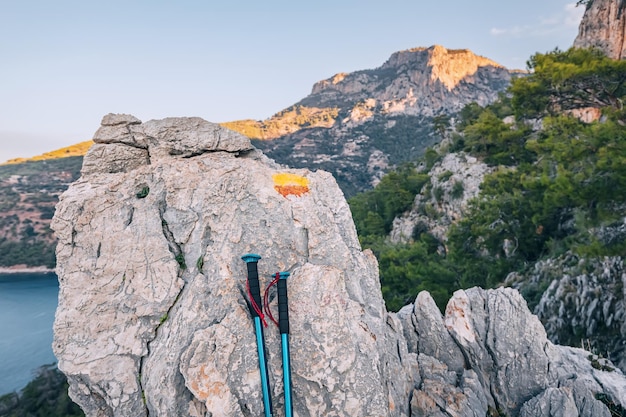 Hiking sticks or poles with scenic mountain valley in the background