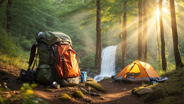Photo hiking tent and backpack in mountains in morning with rays of sun with a mountain river and a waterfall travel trekking tour to wild exotic places tourism outdoor activities ai generated