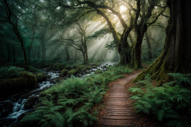 Hiking trail in the misty rainforest New Zealand