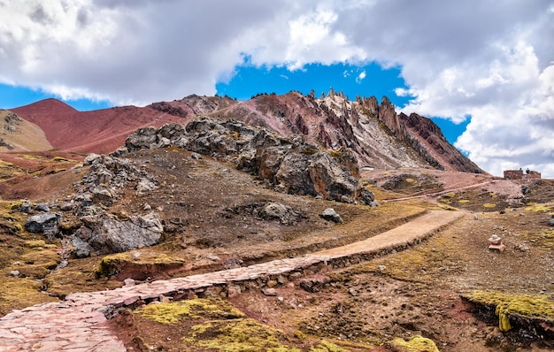 Hiking trail at palccoyo rainbow mountains in peru