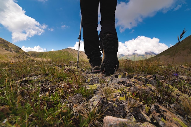 Photo hiking trail with flowers green grass and stones close up of hiking boots in the mountains against