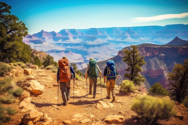 Hiking travel Friends with backpacks walk on Grand Canyon National Park USA Generative AI