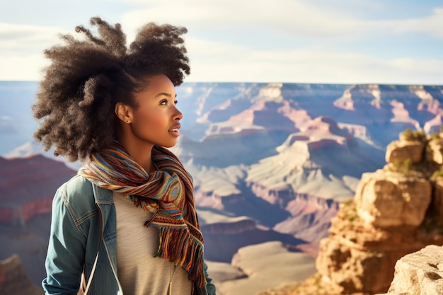 hiking trip African american woman on top of mountain Grand Canyon National Park USA Generative AI