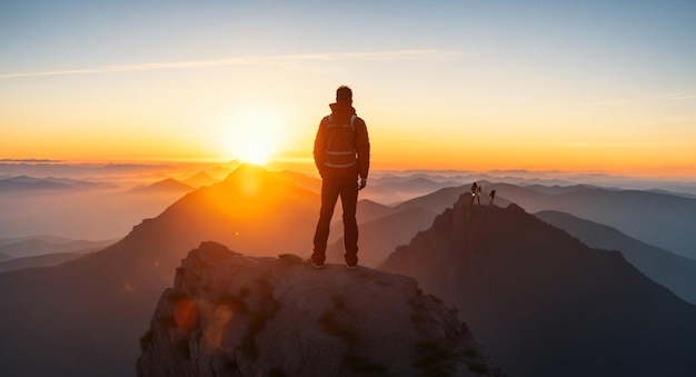 Hiking up mountain peak at sunrise success achieved