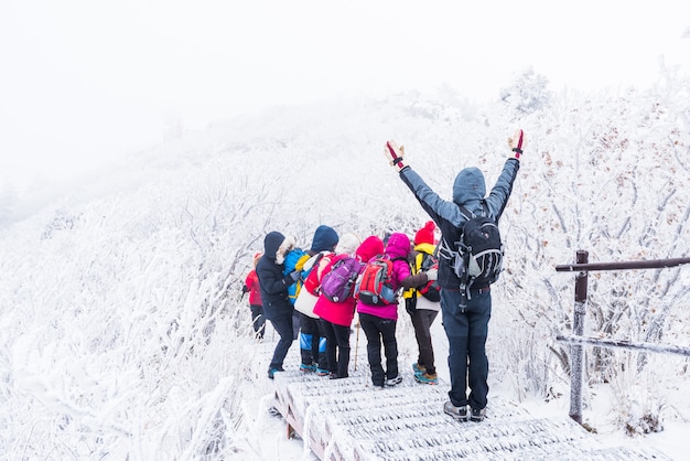 Foto facendo un'escursione in inverno con la foto di trekking le montagne di inverno coltivano la neve in corea