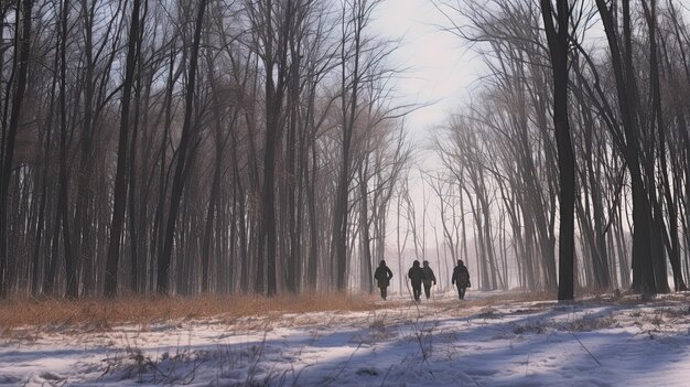 Hiking with friends through the winter forest