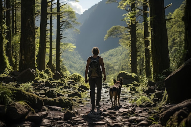 Поездка с домашней собакой в пышный зеленый лес человек и его собачий компаньон ориентируются по извилистой тропе
