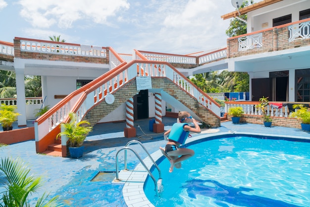 Hikkaduwa, Sri Lanka. Inner courtyard of the hotel with swimming pool.