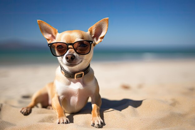 A hilarious chihuahua dog striking a pose on a sunny beach with stylish sunglasses