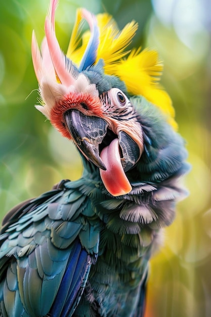 A hilarious closeup of a goofy parrot with a cockatoo crest making a silly face