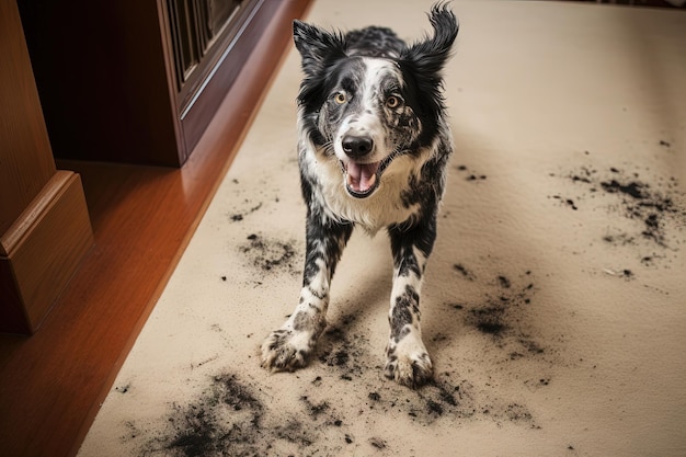 Hilarious dog with mess on the carpet