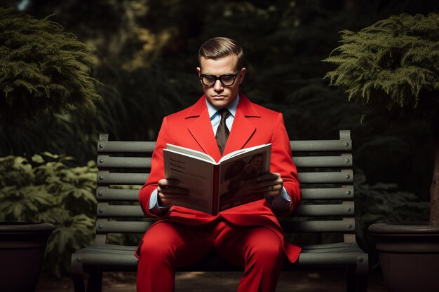 Foto il gentiluomo esilarante un comico con gli occhiali rossi vestito in abito che si gode di un libro su un ben