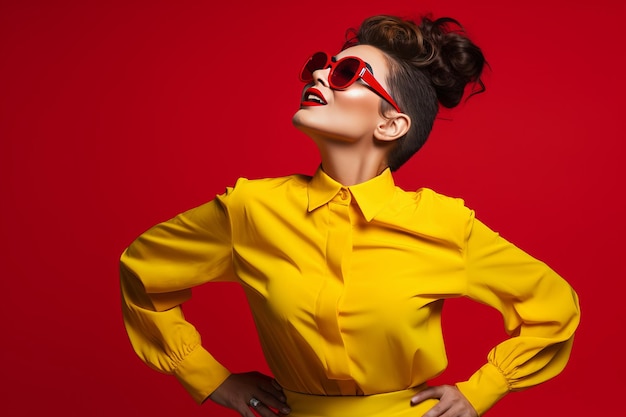 The hilarious lady dancing in a vibrant yellow suit sporting eyecatching eyewear against a vivid