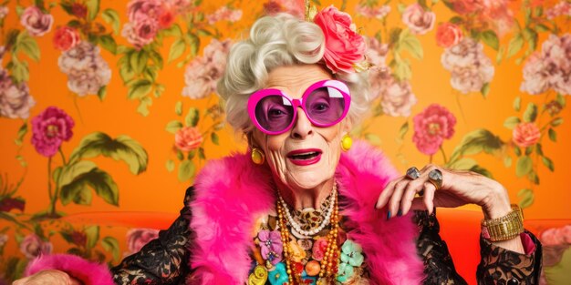 Hilarious Portraits Showcase A Senior Grandmother Elegantly Dressed For A Special Event Striking Poses Against Colorful Backgrounds