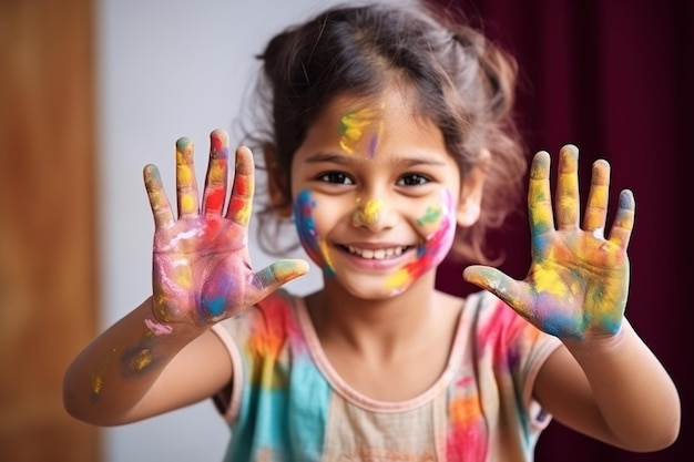 Hild in verf met palmen Happy Holi Indiaans concept