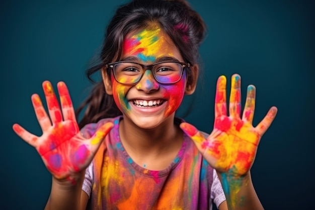 손바닥을 보여주는 페인트로 된 힐드 행복한 홀리 인도 개념