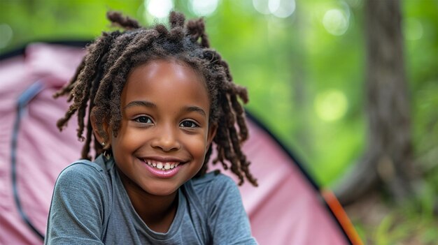 hild zit in de buurt van een tent in het bos voor de tent van het kamperen