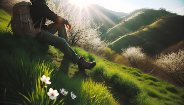 신록의 잔디가 깔린 언덕에 등산객이 멈춰 서서 쉬어가는 초봄의 꽃들이 풍경에 다채로운 색채를 더해줍니다.