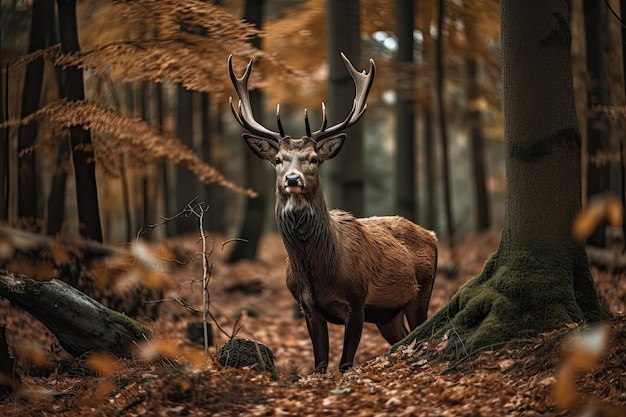 On a hill in a forest of trees in the autumn a deer with branching horns stands