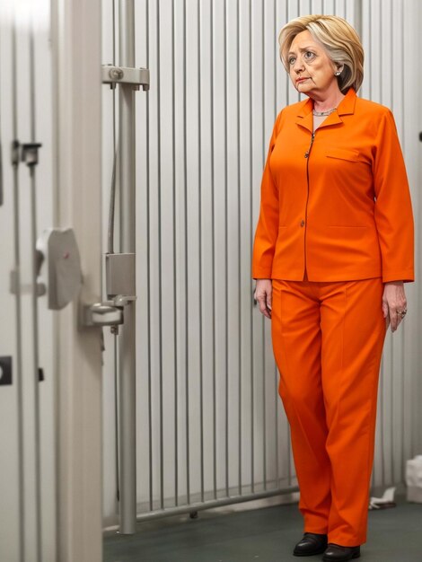 Hillary Clinton in orange prison suit in a pris