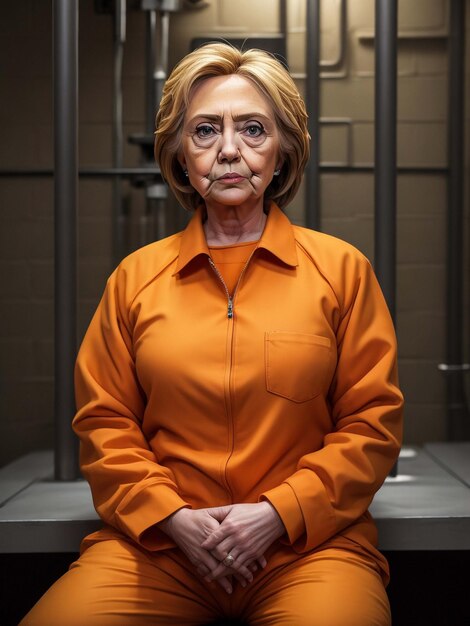 Hillary clinton in orange prison suit in a pris