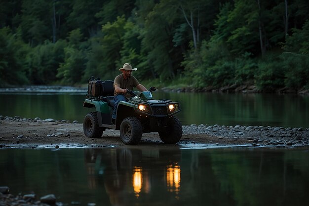 Photo hillbilly standing beside his green honda jip rubicon atv and appalachian in summer with lights reflecting at dusk