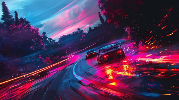 Photo hillclimb cars in a trippy visual ai generated illustration