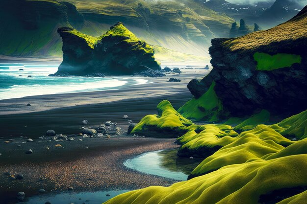 Hills and mosscovered shores of iceland beach