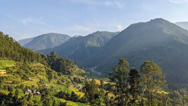 Photo hills and rice field in village area in nepal