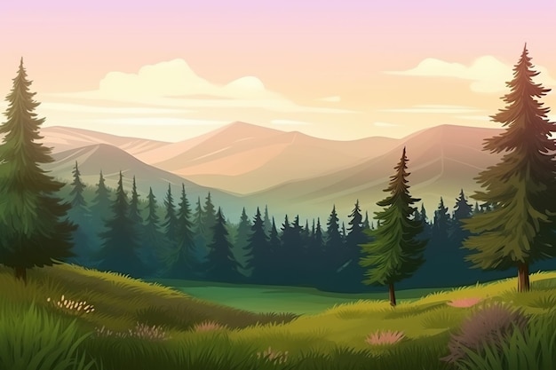 Hills with coniferous trees in a mountainous area at sunrise generative ai