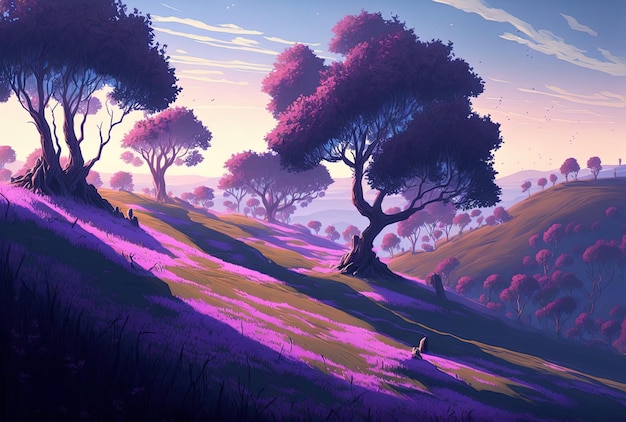 Hills with gorgeous shaded trees that have purple blue tones make up the natural environment