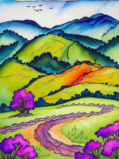 Hills with houses watercolor