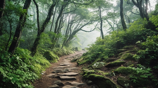 A hillside covered in a dense forest with a hiking trail winding through the trees