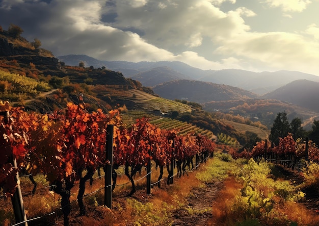 A hillside vineyard in fall