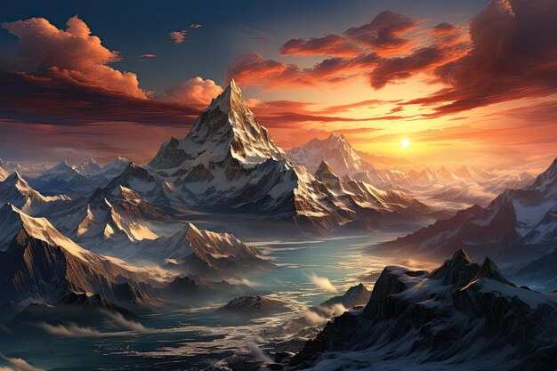 Foto himalaya-gebergte met een bergrivier bij zonsopgang of zonsondergang generatieve ai-kunst