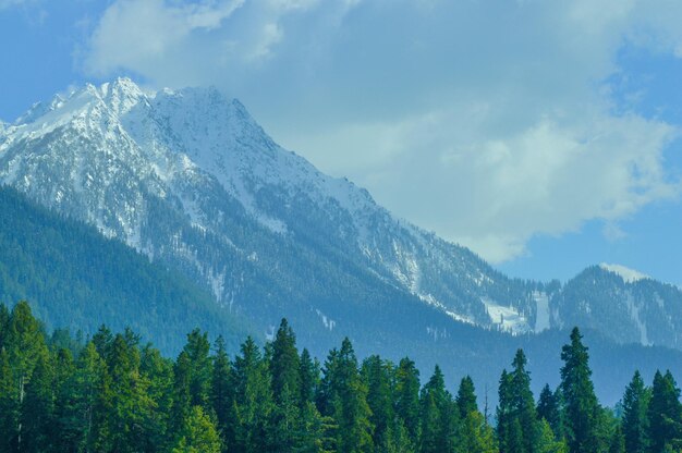 Montagna dell'himalaya al kashmir villaggio di neve a gulmarg in india paesaggio della bellissima natura della montagna dell'himalaya al cielo