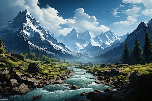 Himalaya-vallei met een bergrivier Generatieve AI Kunst Prachtig uitzicht