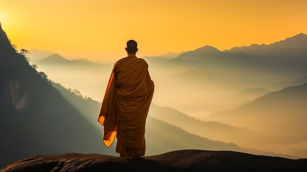 Himalayan Contemplation Monk's serene observatie bij zonsopgang