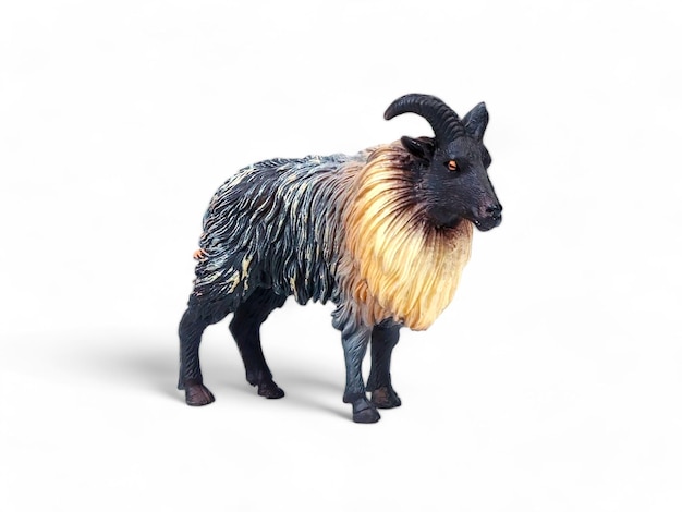 A Himalayan goat toy with a colorful mane is shown on a white background
