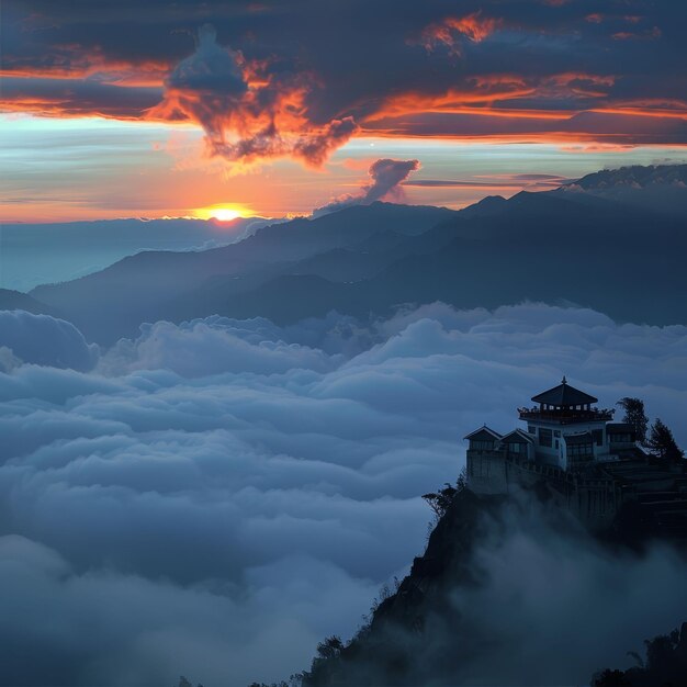 Himalayan monastery at sunrise peace above clouds