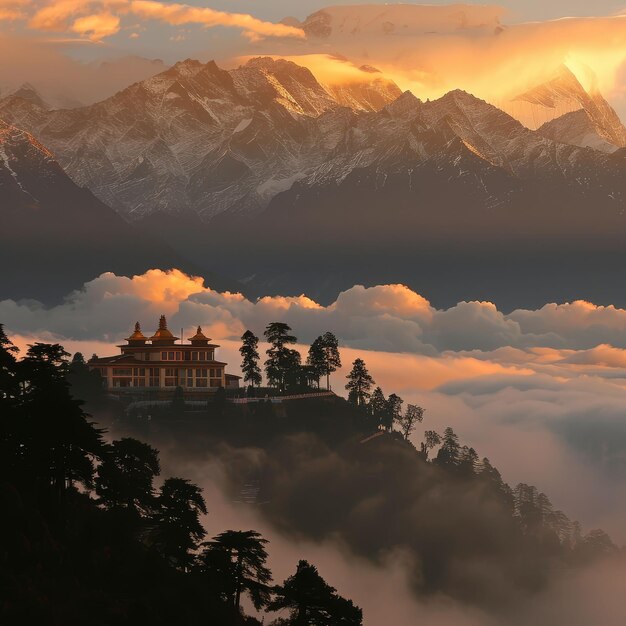 Himalayan monastery at sunrise peace above clouds