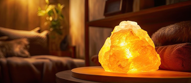 Himalayan salt lamp glows yellow promoting health and harmony near a window on a curbstone