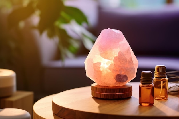 Himalayan salt with essential oil in glass bottles on wooden table